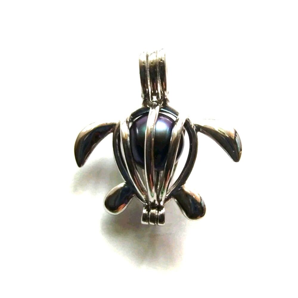 Mystic Black Tahitian Pearl & 925 Sterling Sea Turtle Cage Signed Pendant NEW